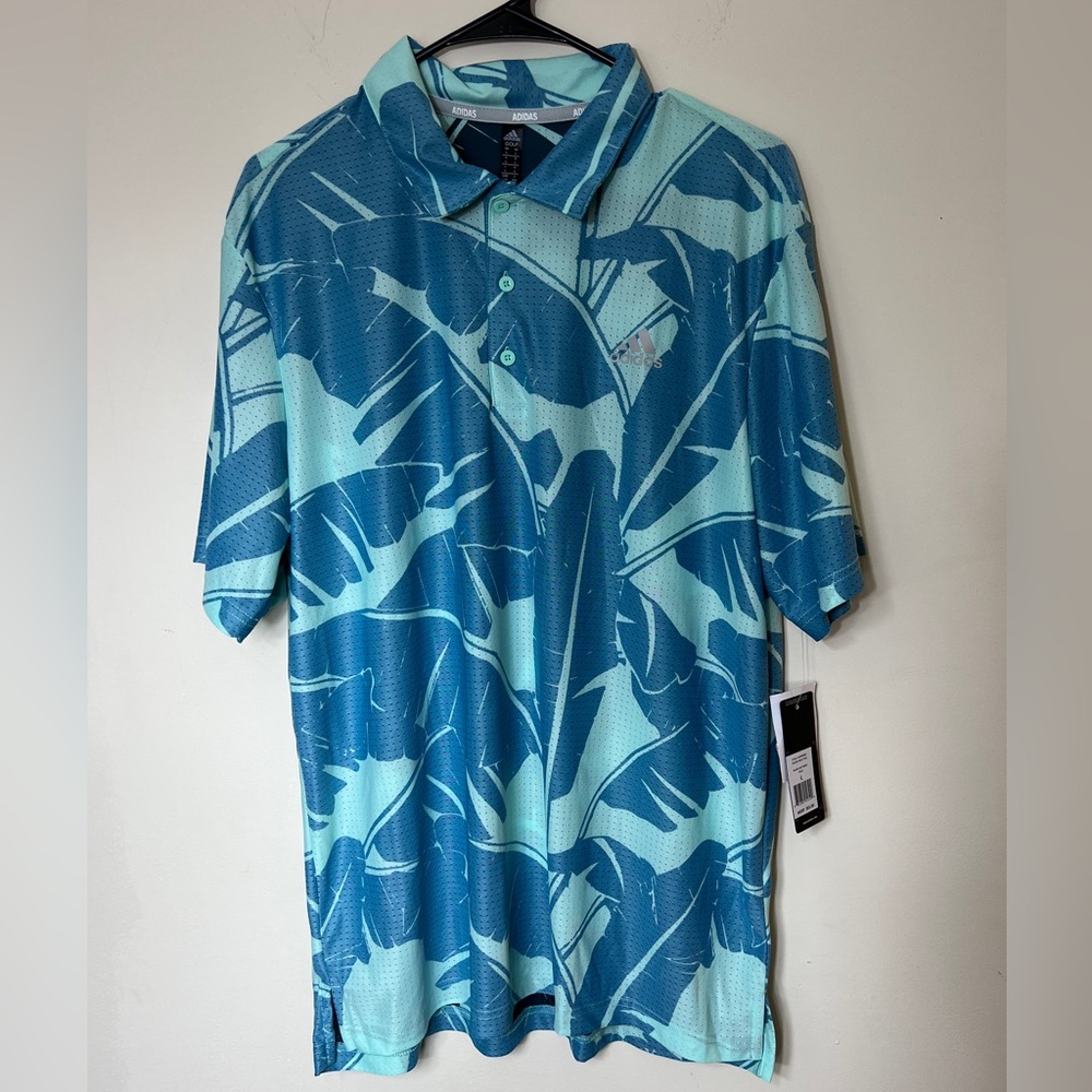 Adidas Golf Polo Shirt Palm Leaf Mesh Crew Wild Teal Blue Men’s Size L